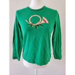 BARCLAY Square Shirt Women Small Green Graphic Print Pullover Christmas Top